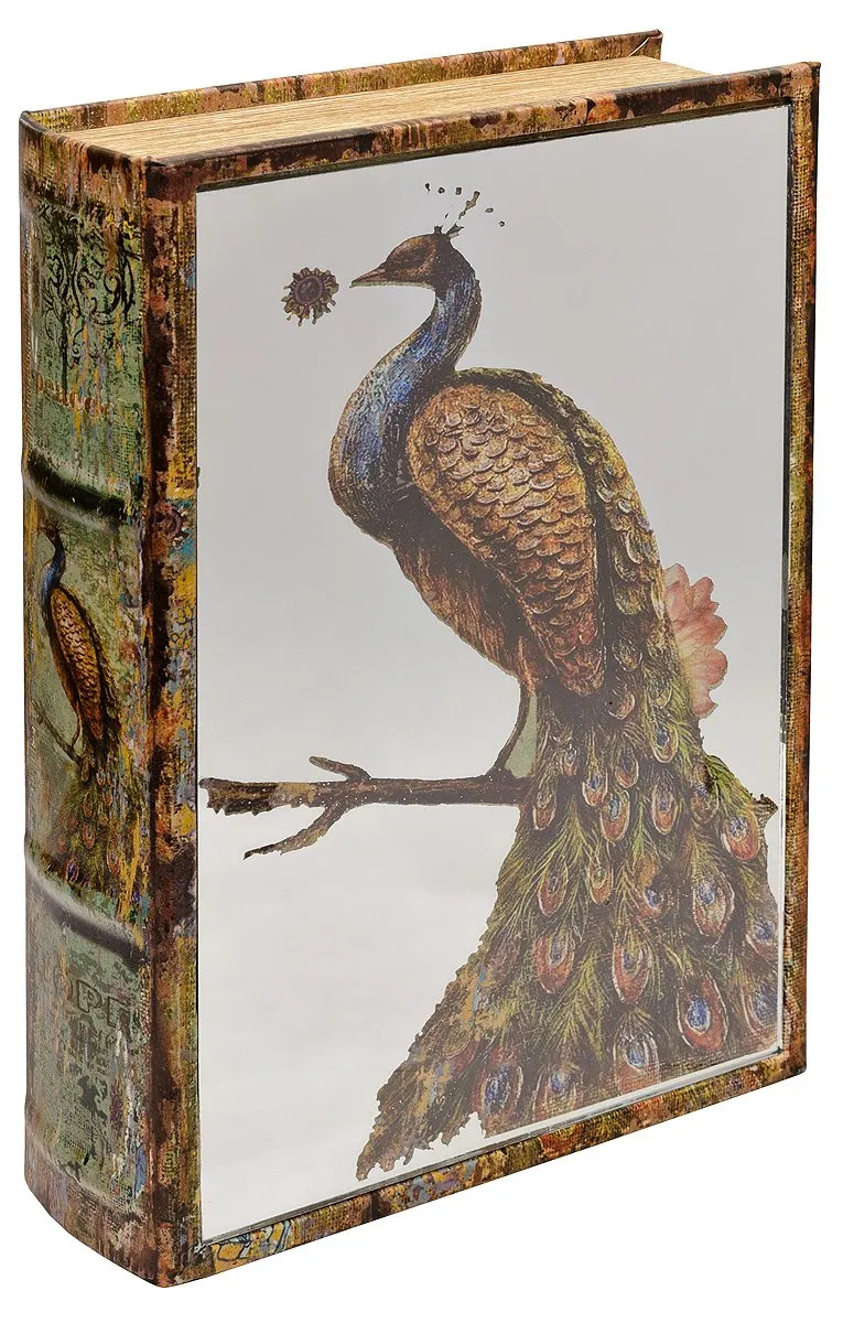 FEBLAND Mirrored Peacock Book Box, Brown, 7 x 21 x 30 cm