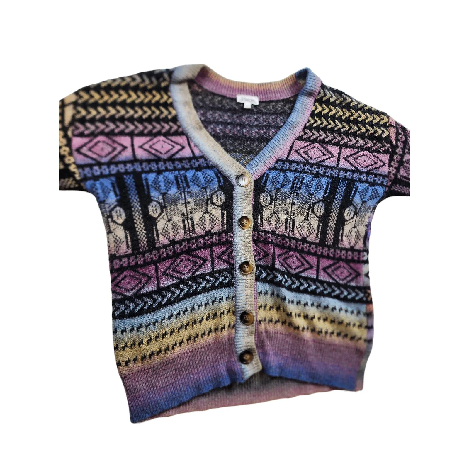 Paris Hues Cardigan Sweater Women Large Fair Isle Colorful Knit Boho Chic V Neck