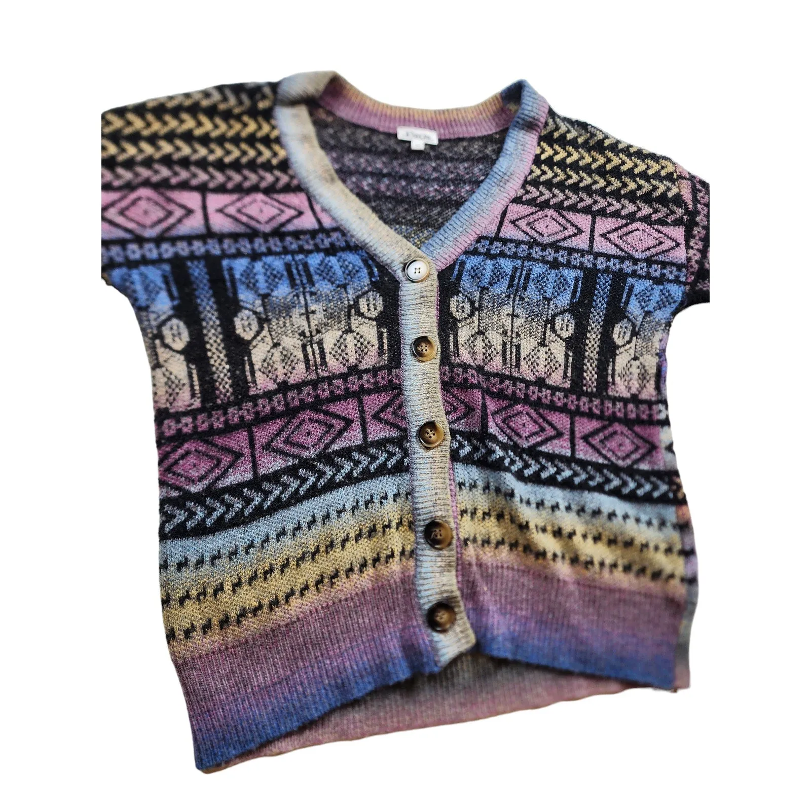 Paris Hues Cardigan Sweater Women Large Fair Isle Colorful Knit Boho Chic V Neck