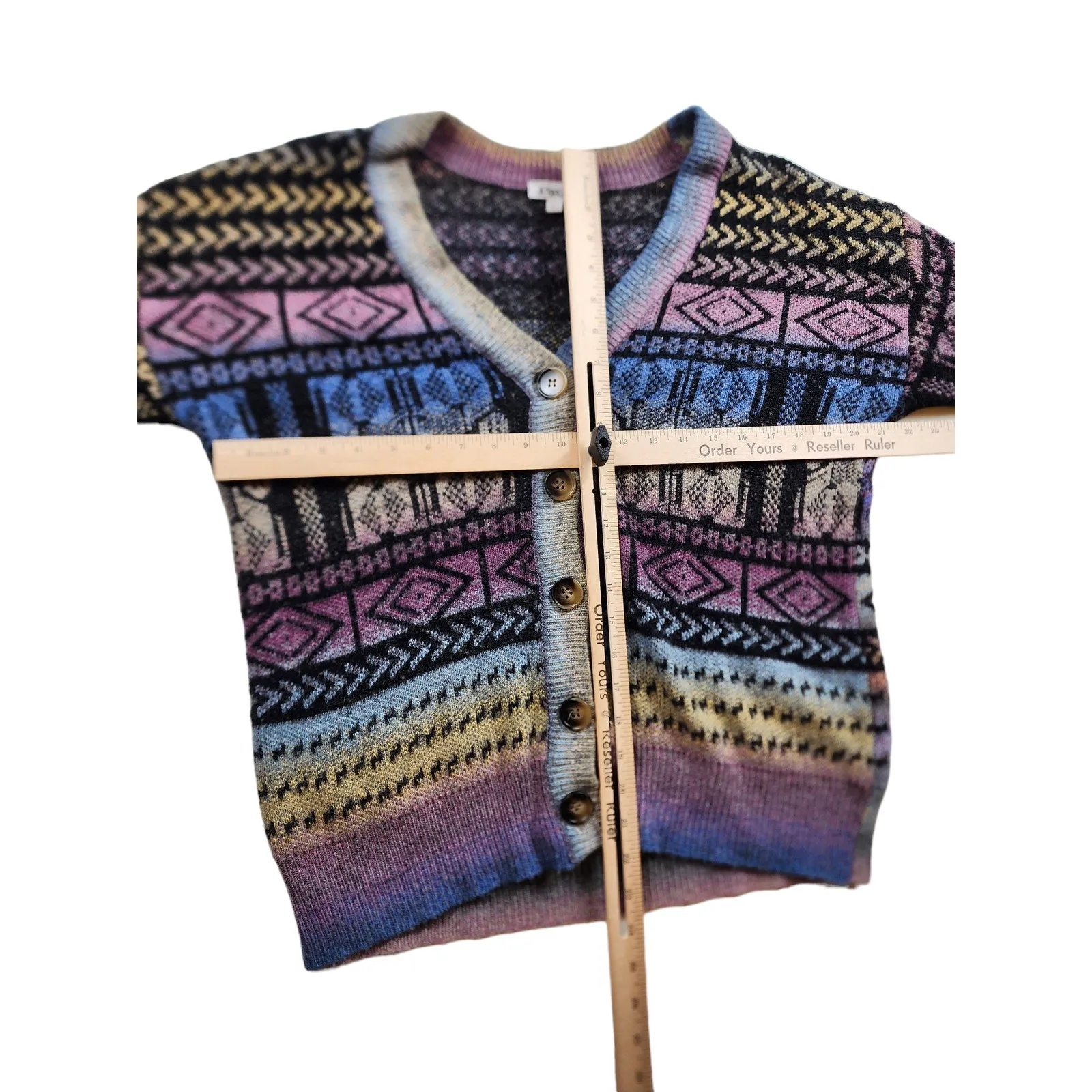 Paris Hues Cardigan Sweater Women Large Fair Isle Colorful Knit Boho Chic V Neck