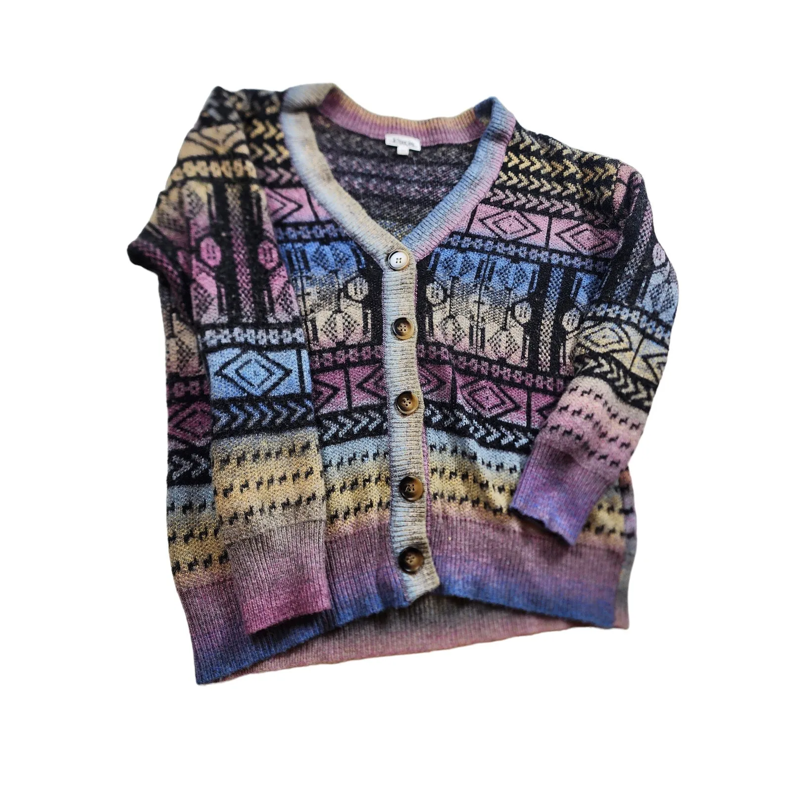 Paris Hues Cardigan Sweater Women Large Fair Isle Colorful Knit Boho Chic V Neck