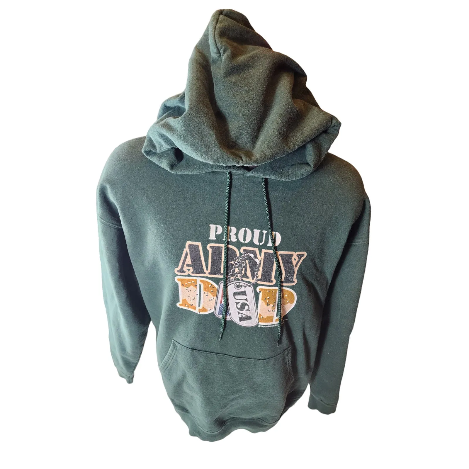 Proud Army Dad USA Mens XL Green Military Sweatshirt Patriotic Kangaroo Pocket
